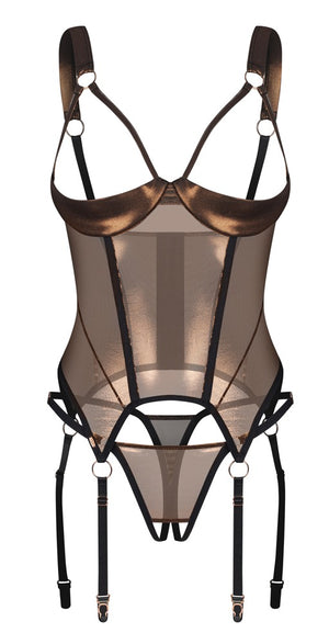 Obsessive Korset open cup met kruisloze thong - Bruin