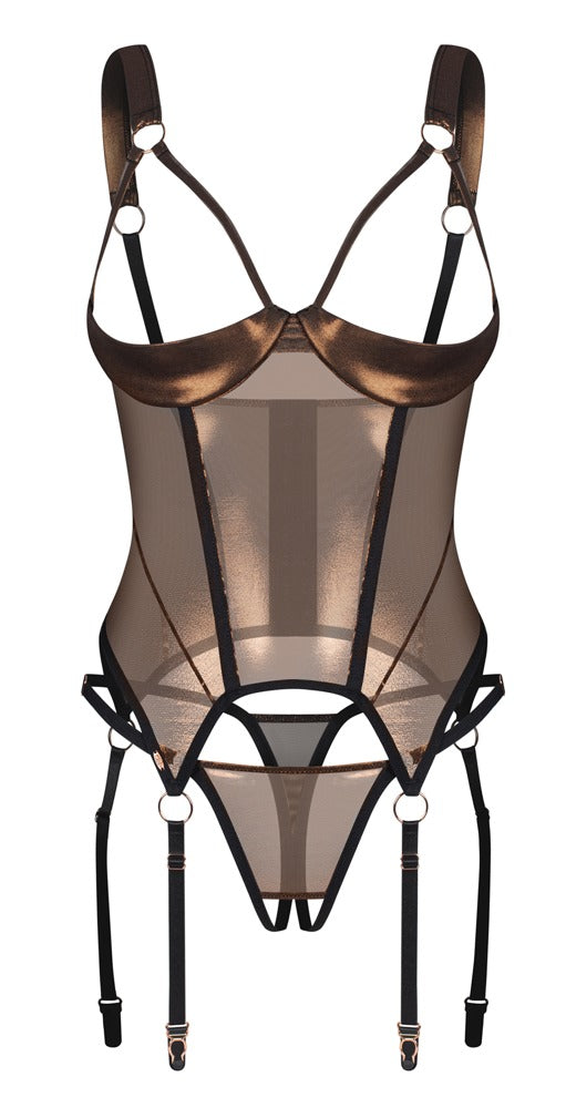 Obsessive Korset open cup met kruisloze thong - Bruin - Obsessive - SKU: 26332567111