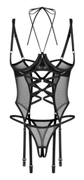 Obsessive Jarretelkorset open cup met wetlook - Zwart
