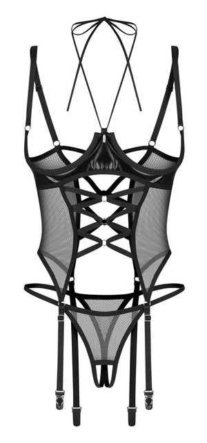 Obsessive Jarretelkorset open cup met wetlook - Zwart
