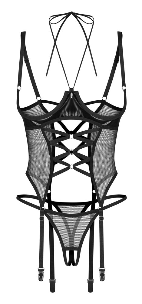 Obsessive Jarretelkorset open cup met wetlook - Zwart - Obsessive - SKU: 26332641111