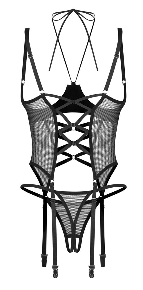 Obsessive Jarretelkorset open cup met wetlook - Zwart - Obsessive - SKU: 26332641111