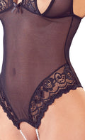 Cottelli LINGERIE body met splitjes en parels - Zwart