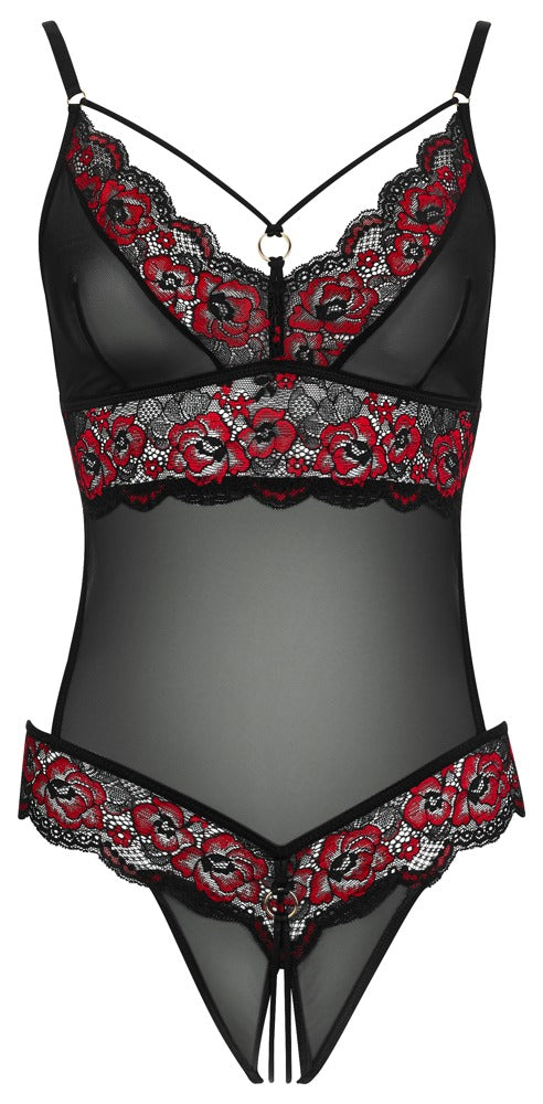 Cottelli LINGERIE Body kruisloos met bloemenkant - Zwart - Cottelli LINGERIE - SKU: 26428591111