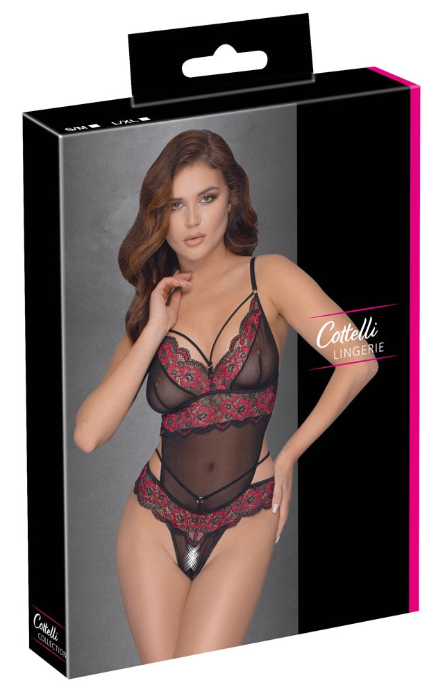 Cottelli LINGERIE Body kruisloos met bloemenkant - Zwart