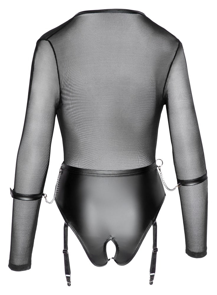 Cottelli BONDAGE Body transparant met jarretels en kruisloos - Zwart