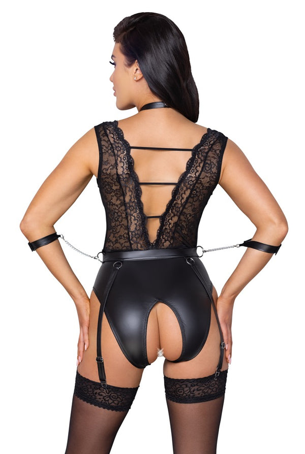 Cottelli BONDAGE jarretel body met V-hals - Zwart - Cottelli BONDAGE - SKU: 26431971021