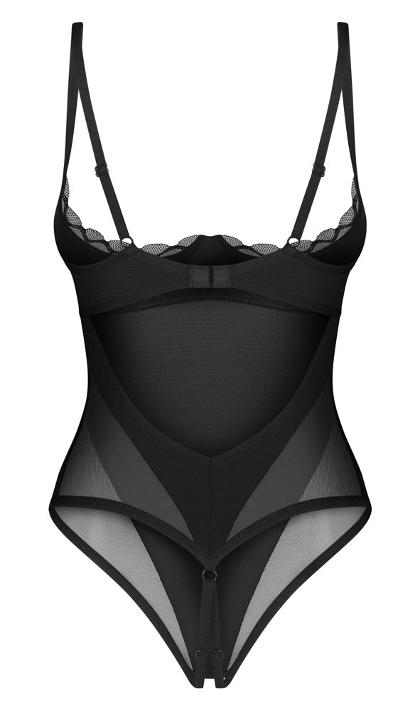 Obsessive Body kruisloos met open cup en ruches - Zwart - Obsessive - SKU: 26448271951