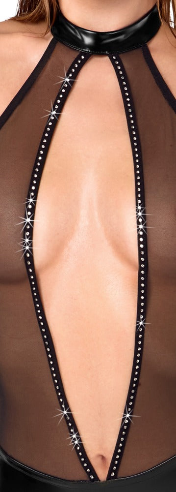 Noir Body met powerwetlook en transparant powernet - Zwart