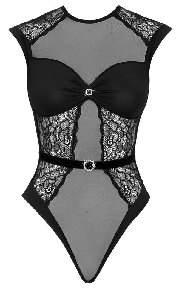 Cottelli LINGERIE body met kant en powernet S/M - Zwart - Cottelli LINGERIE - SKU: 26450251111