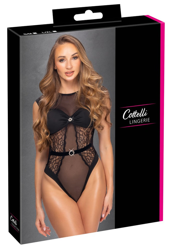Cottelli LINGERIE body met kant en powernet S/M - Zwart - Cottelli LINGERIE - SKU: 26450251111