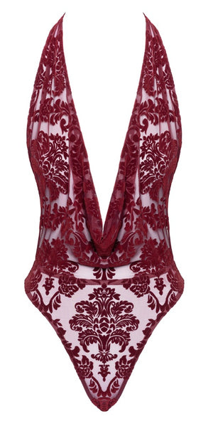 Noir Body transparant met fluweelprint - Bordeaux