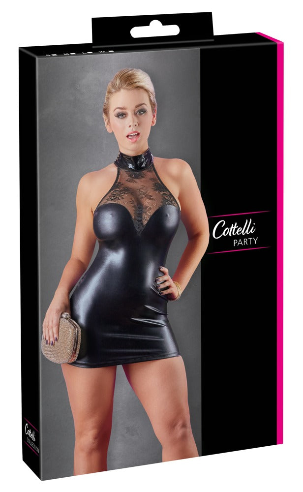 Cottelli PARTY Jurk met wetlook en kant - Zwart