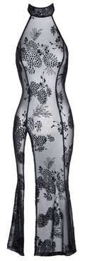 Noir Lange jurk transparant met fluwelen bloemenprint - Zwart