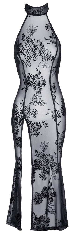 Noir Lange jurk transparant met fluwelen bloemenprint - Zwart