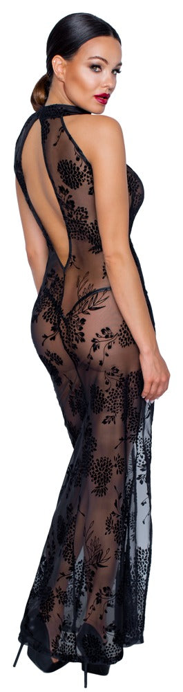 Noir Lange jurk transparant met fluwelen bloemenprint - Zwart