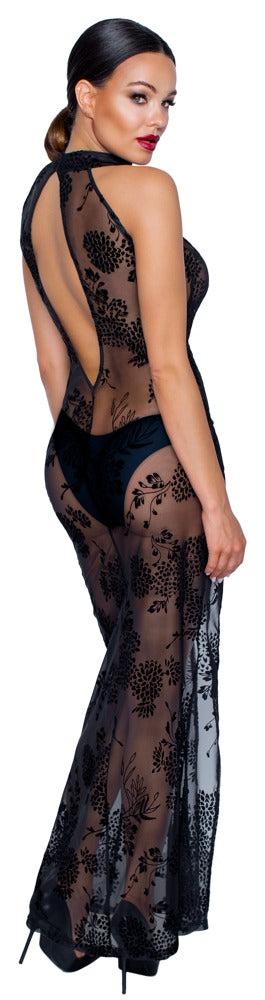 Noir Lange jurk transparant met fluwelen bloemenprint - Zwart