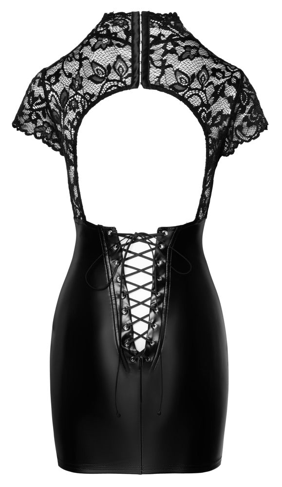 Noir Jurk kort met kant en powerwetlook - Zwart