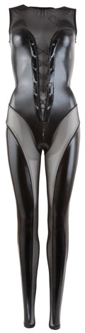 Cottelli PARTY Jumpsuit transparant met wetlook en vetersluiting - Zwart