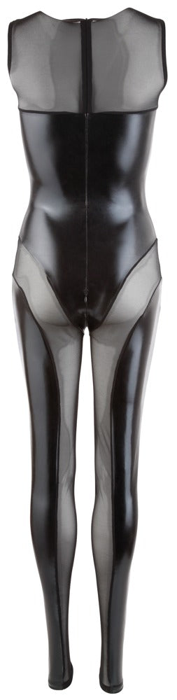 Cottelli PARTY Jumpsuit transparant met wetlook en vetersluiting - Zwart