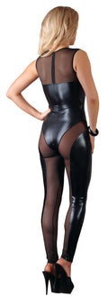 Cottelli PARTY Jumpsuit transparant met wetlook en vetersluiting - Zwart