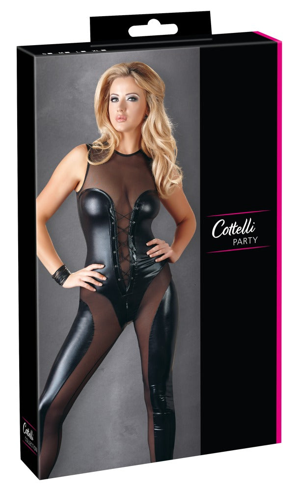 Cottelli PARTY Jumpsuit transparant met wetlook en vetersluiting - Zwart