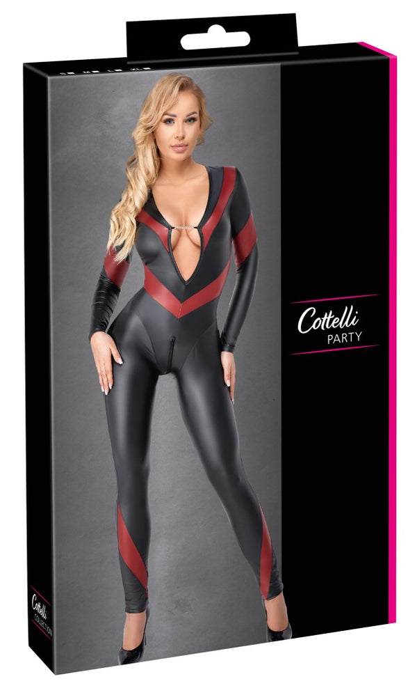 Cottelli PARTY jumpsuit met rode strepen - Zwart - Cottelli PARTY - SKU: 27306691021