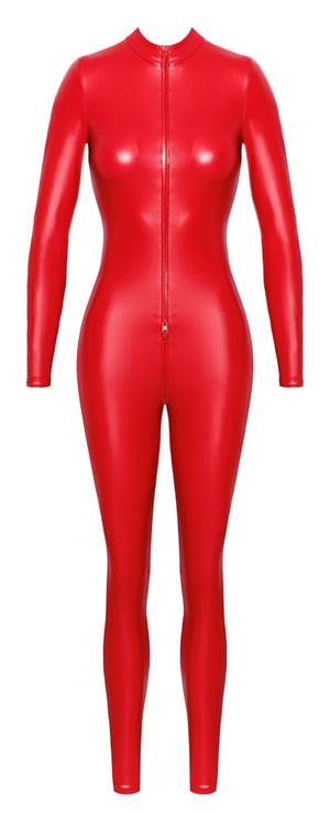 Noir Jumpsuit nauwsluitend met powerwetlook - Rood