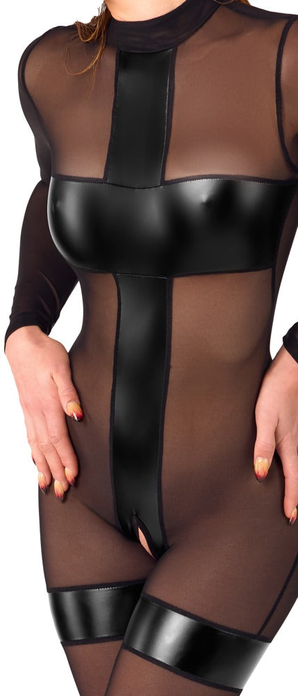 Noir Jumpsuit kruisloos met powerwetlook inzetstukken - Zwart