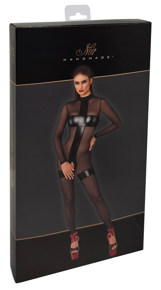 Noir Jumpsuit kruisloos met powerwetlook inzetstukken - Zwart