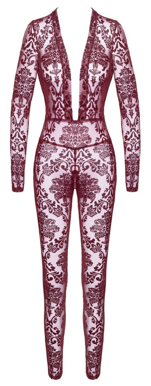 Noir Jumpsuit transparant met fluweelprint - Bordeaux