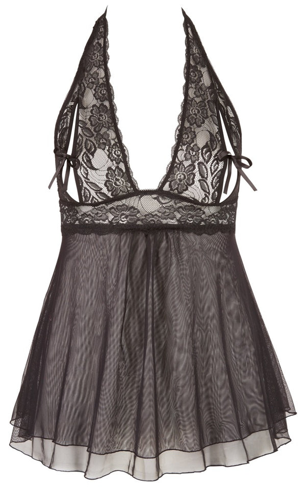 Cottelli CURVES halterneck babydoll met splitjes - Zwart - Cottelli CURVES - SKU: 27411301051