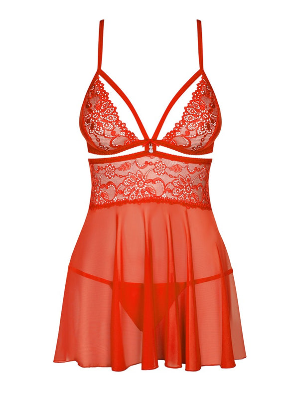 Obsessive babydoll met kriskras jarretels - Rood - Obsessive - SKU: 27412963111