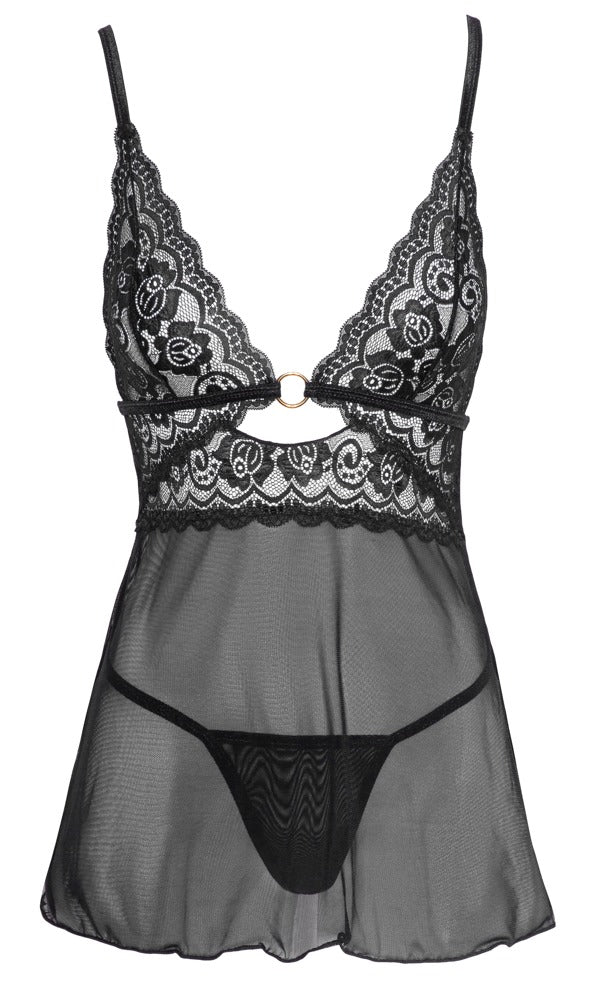 Cottelli LINGERIE Babydoll transparant met gouden details - Zwart