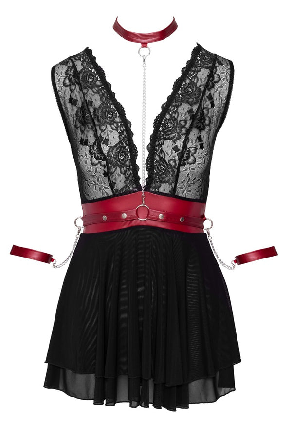 Cottelli BONDAGE babydoll met rode details - Zwart - Cottelli BONDAGE - SKU: 27414401021