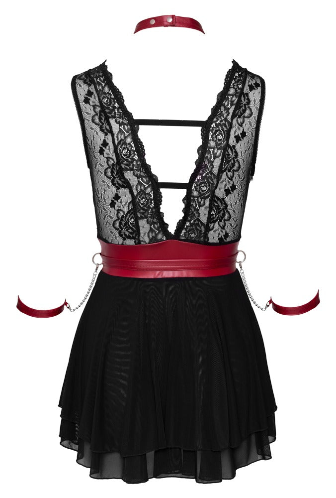 Cottelli BONDAGE Babydoll met bondage details en rode accenten - Zwart