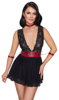 Cottelli BONDAGE Babydoll met bondage details en rode accenten - Zwart