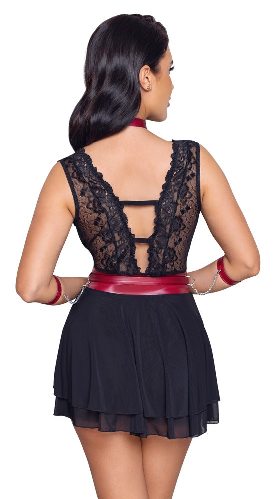 Cottelli BONDAGE babydoll met rode details - Zwart - Cottelli BONDAGE - SKU: 27414401021