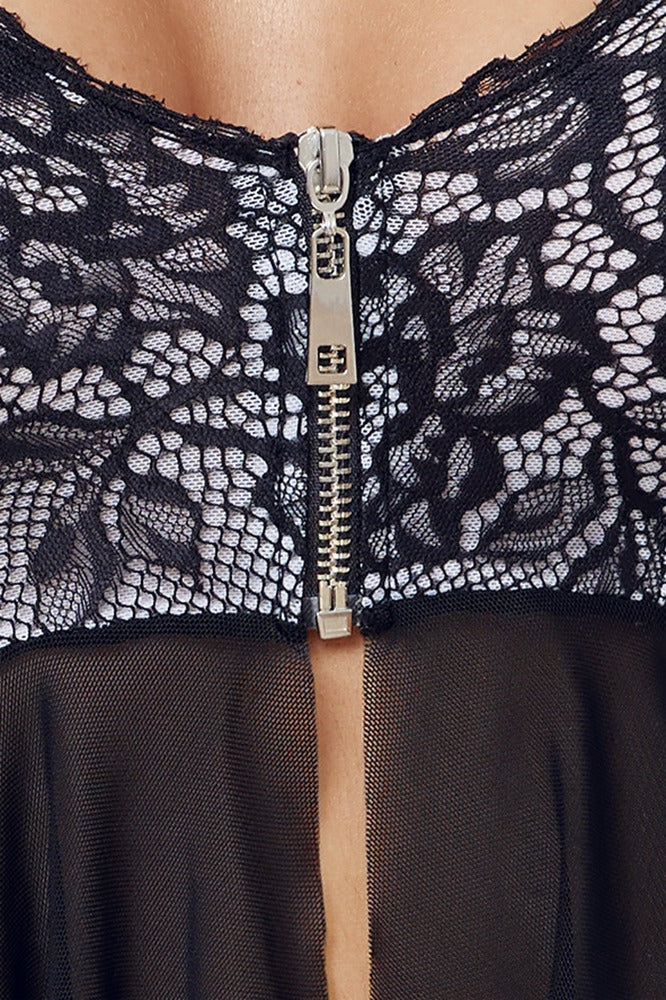 Cottelli LINGERIE babydoll met ritssluiting - Zwart