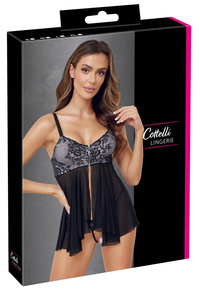 Cottelli LINGERIE babydoll met ritssluiting - Zwart