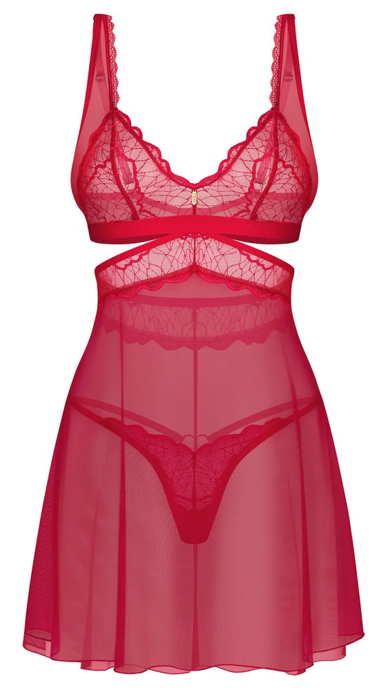 Obsessive Babydoll transparant met goudkleurige details - Rood - Obsessive - SKU: 27417503111