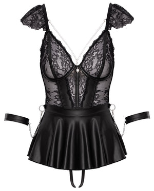 Cottelli BONDAGE Babydoll set met handboeien en kruisloze string - Zwart