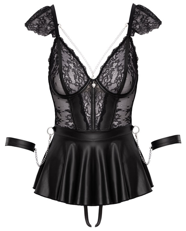Cottelli BONDAGE Babydoll set met handboeien en kruisloze string - Zwart - Cottelli BONDAGE - SKU: 27417681021