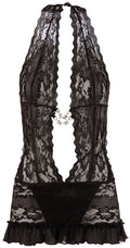 Cottelli LINGERIE bloemenkant jurk met halternek - Zwart