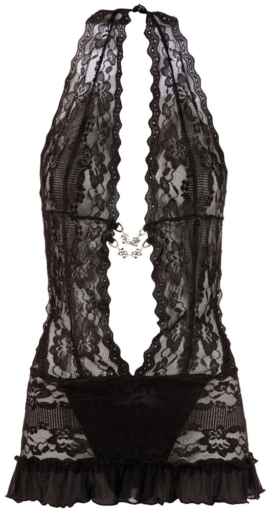 Cottelli LINGERIE bloemenkant jurk met halternek - Zwart