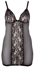 Cottelli CURVES Lingeriejurk transparant met kant en jarretels - Zwart