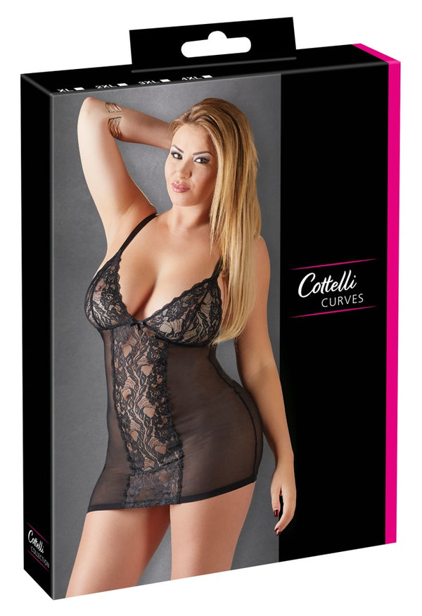 Cottelli CURVES Lingeriejurk transparant met kant en jarretels - Zwart - Cottelli CURVES - SKU: 27511431051