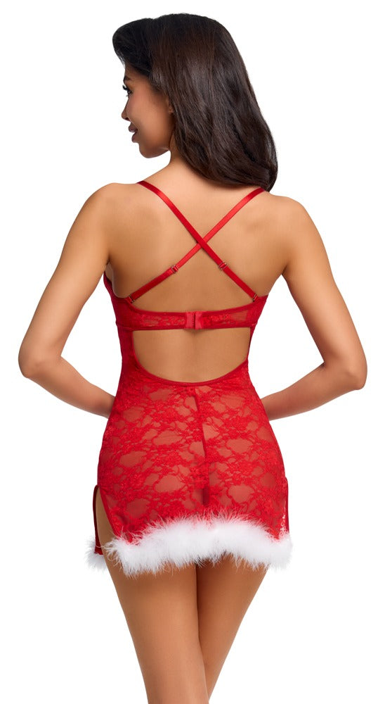 Cottelli LINGERIE Chemise met splitjes en witte veren - Rood
