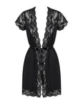 Obsessive Peignoir met satijn riem en korte mouwen - Zwart