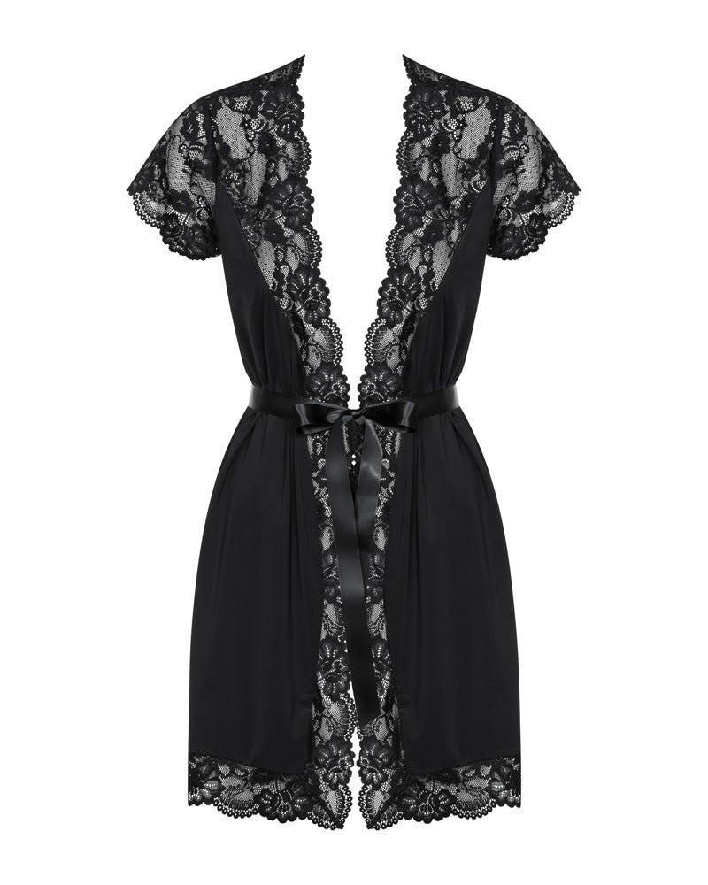 Obsessive Peignoir met satijn riem en korte mouwen - Zwart
